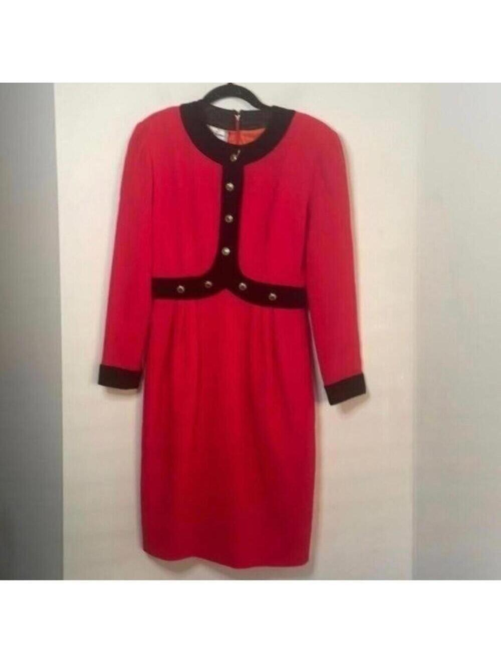 Saks Fifth Avenue Vintage Red Vintage Long Sleeve Dress Black Velvet Trim